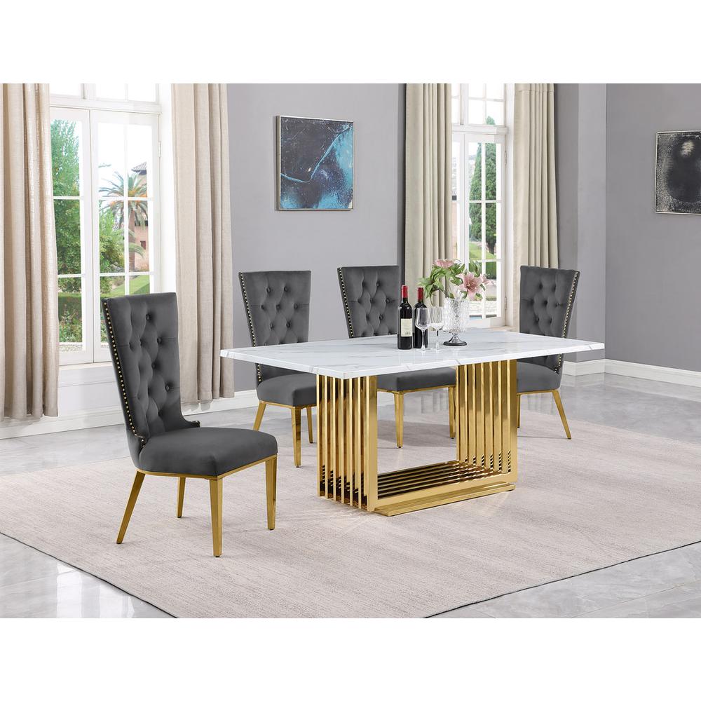 5pc Small(68") marble top dining set with gold base and 4 Dark grey side chairs
