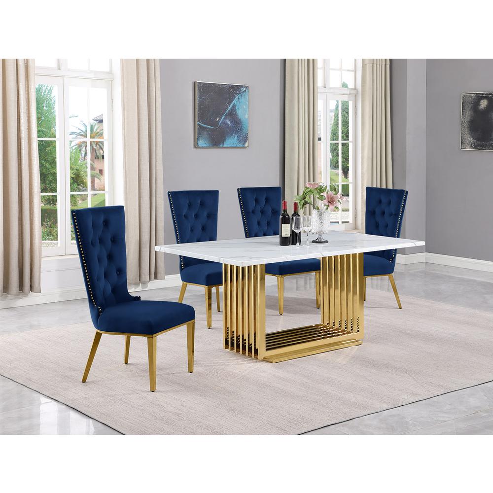 5pc Small(68") marble top dining set with gold base and 4 Navy Blue side chairs