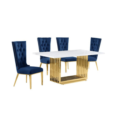 5pc Small(68") marble top dining set with gold base and 4 Navy Blue side chairs