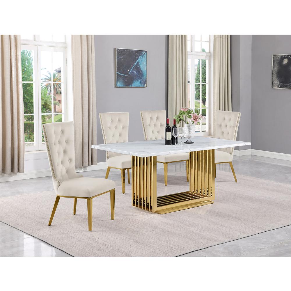 5pc Small(68") marble top dining set with gold base and 4 Cream side chairs