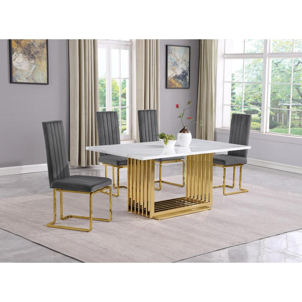 5pc Small(68") marble top dining set with gold base and 4 Dark grey side chairs