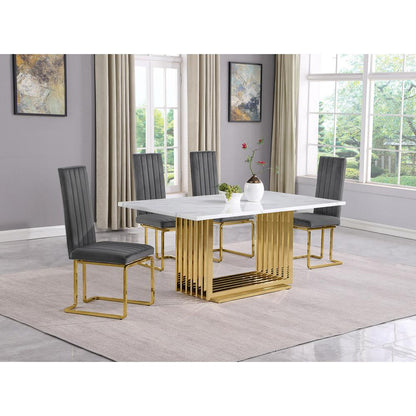 5pc Small(68") marble top dining set with gold base and 4 Dark grey side chairs