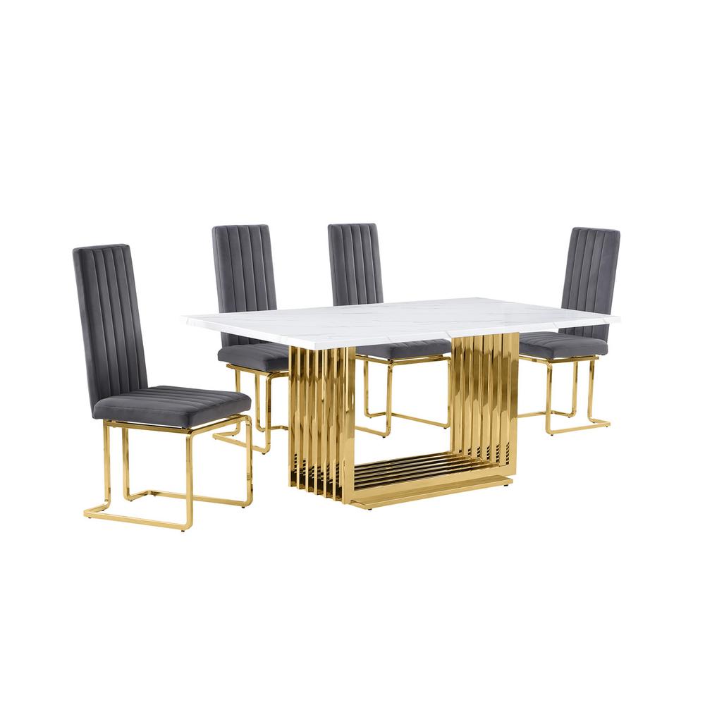 5pc Small(68") marble top dining set with gold base and 4 Dark grey side chairs