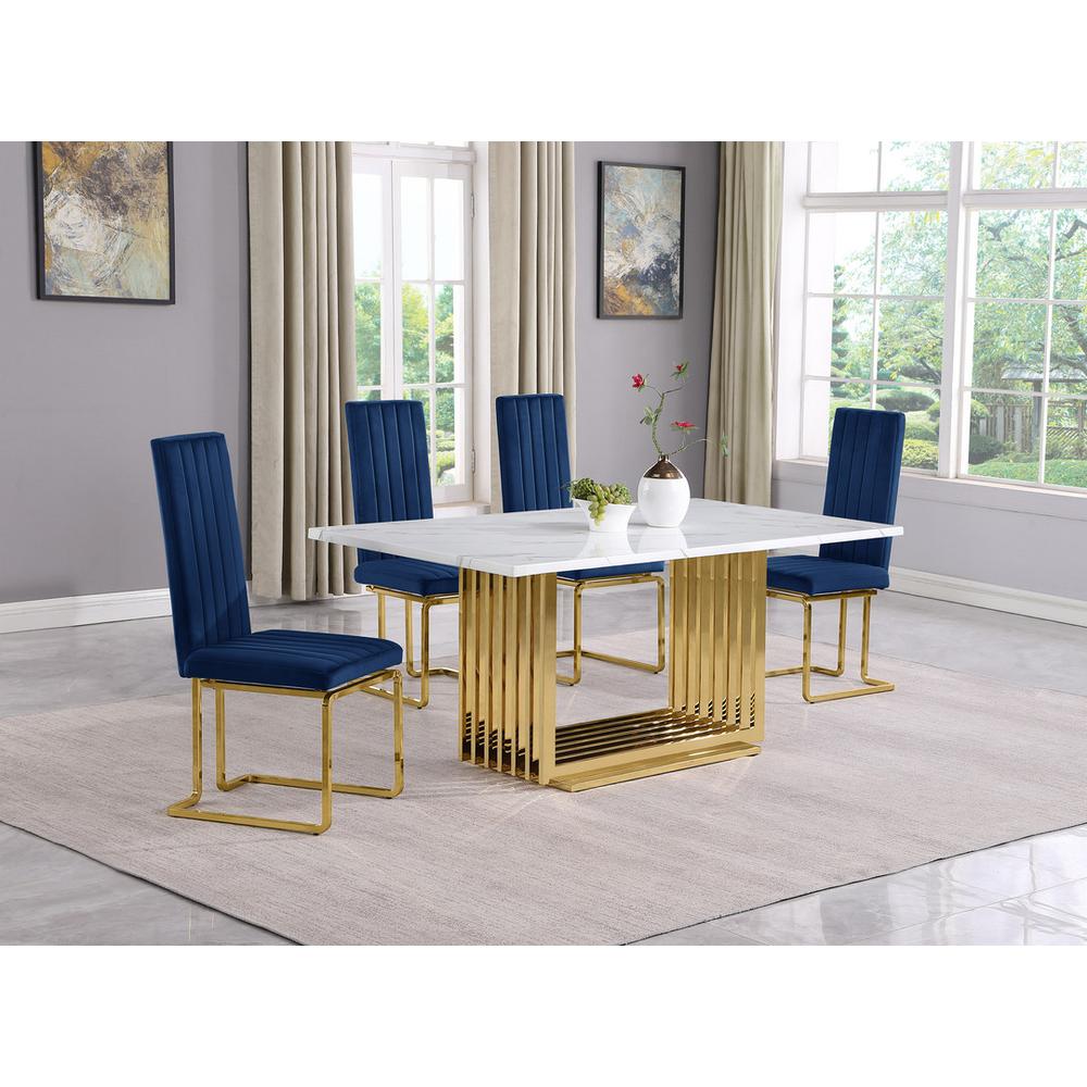 5pc Small(68") marble top dining set with gold base and 4 Navy Blue side chairs