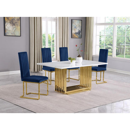 5pc Small(68") marble top dining set with gold base and 4 Navy Blue side chairs