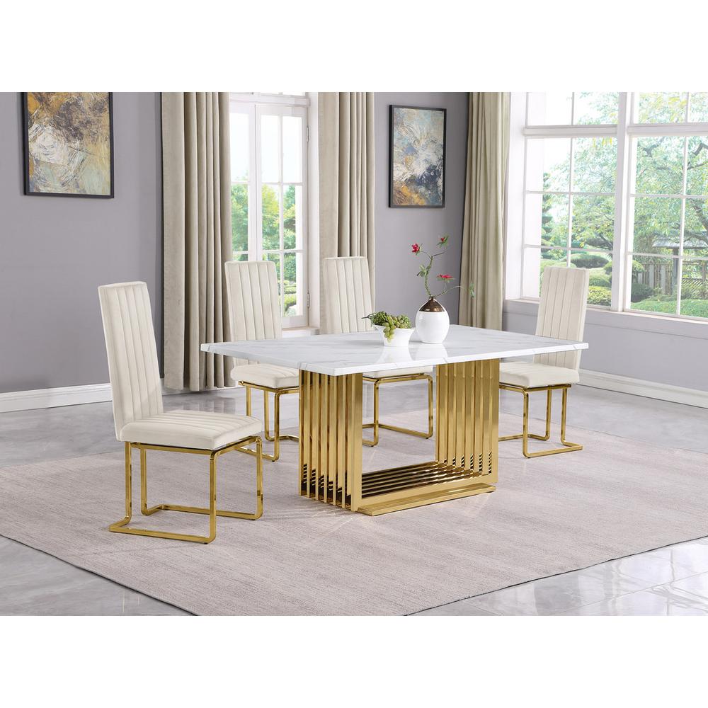 5pc Small(68") marble top dining set with gold base and 4 Cream side chairs