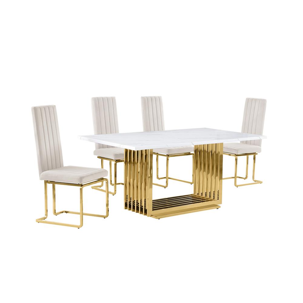 5pc Small(68") marble top dining set with gold base and 4 Cream side chairs