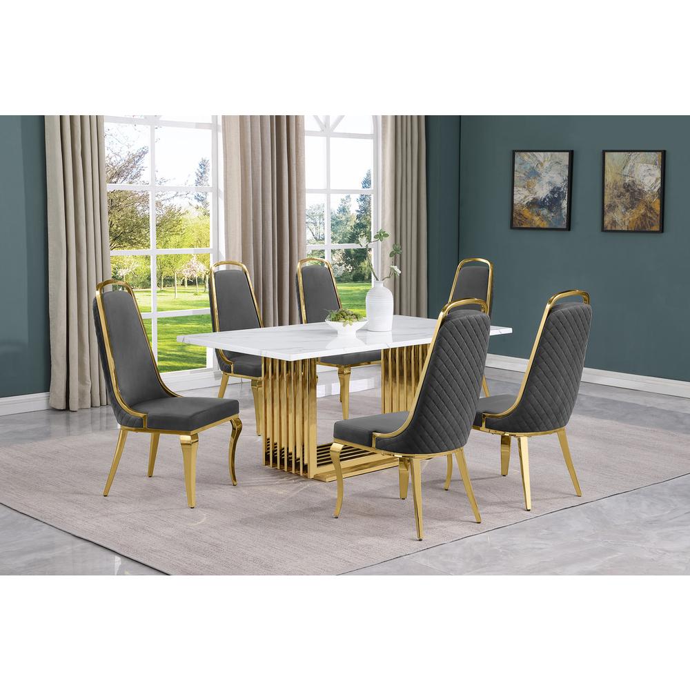 7pc Small(68") marble top dining set with gold base and 6 Dark grey side chairs