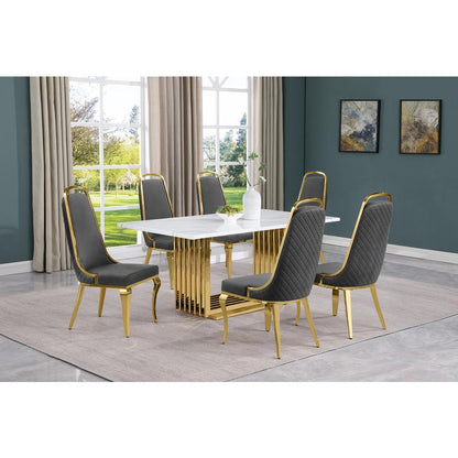 7pc Small(68") marble top dining set with gold base and 6 Dark grey side chairs
