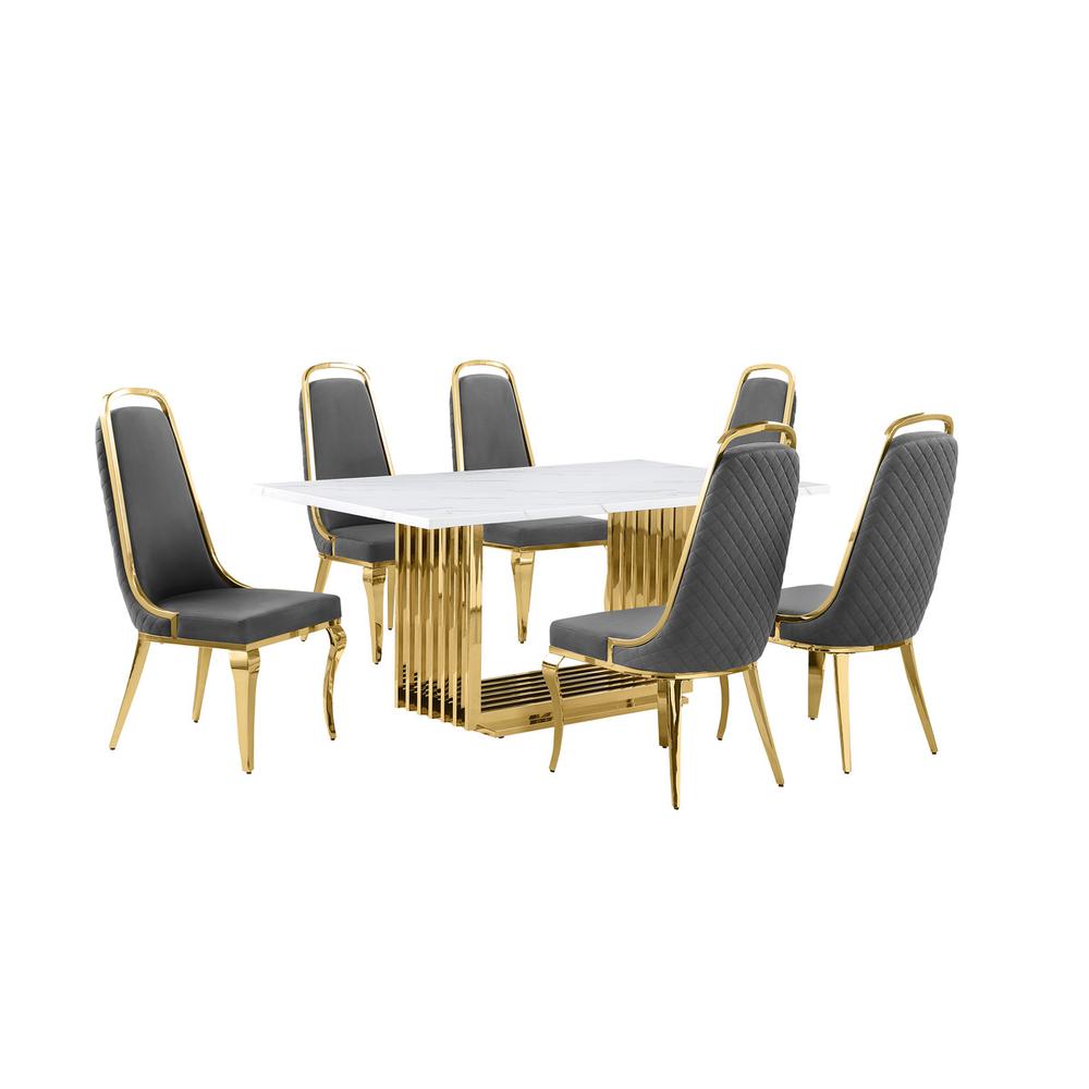 7pc Small(68") marble top dining set with gold base and 6 Dark grey side chairs