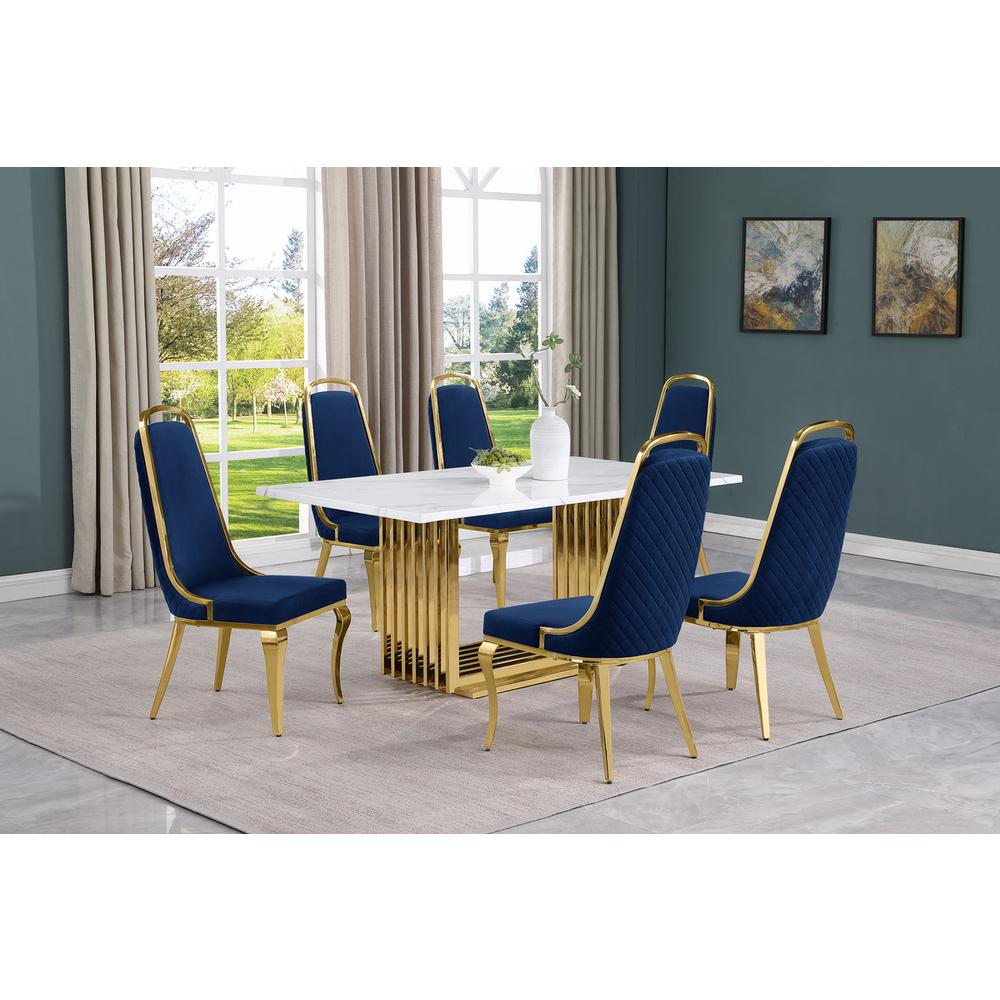 7pc Small(68") marble top dining set with gold base and 6 Navy Blue side chairs