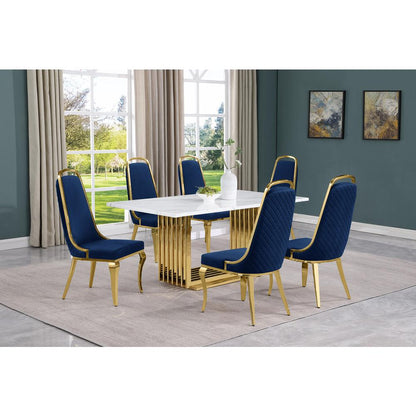 7pc Small(68") marble top dining set with gold base and 6 Navy Blue side chairs
