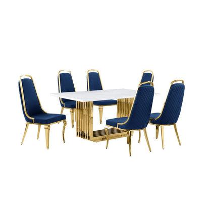 7pc Small(68") marble top dining set with gold base and 6 Navy Blue side chairs