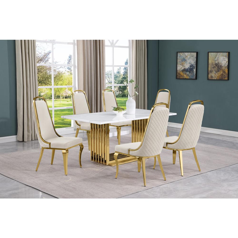 7pc Small(68") marble top dining set with gold base and 6 Cream side chairs