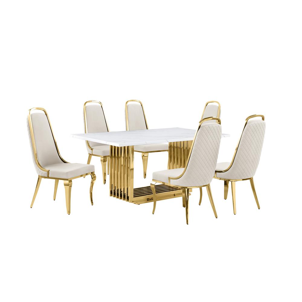 7pc Small(68") marble top dining set with gold base and 6 Cream side chairs