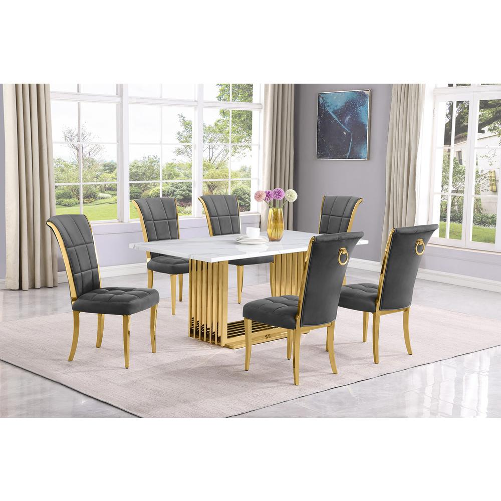 7pc Small(68") marble top dining set with gold base and 6 Dark grey side chairs