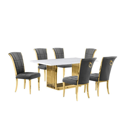 7pc Small(68") marble top dining set with gold base and 6 Dark grey side chairs