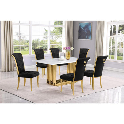 7pc Small(68") marble top dining set with gold base and 6 Black side chairs