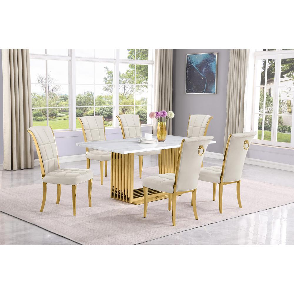 7pc Small(68") marble top dining set with gold base and 6 Cream side chairs