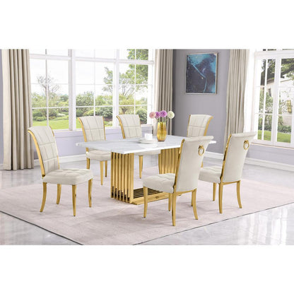 7pc Small(68") marble top dining set with gold base and 6 Cream side chairs