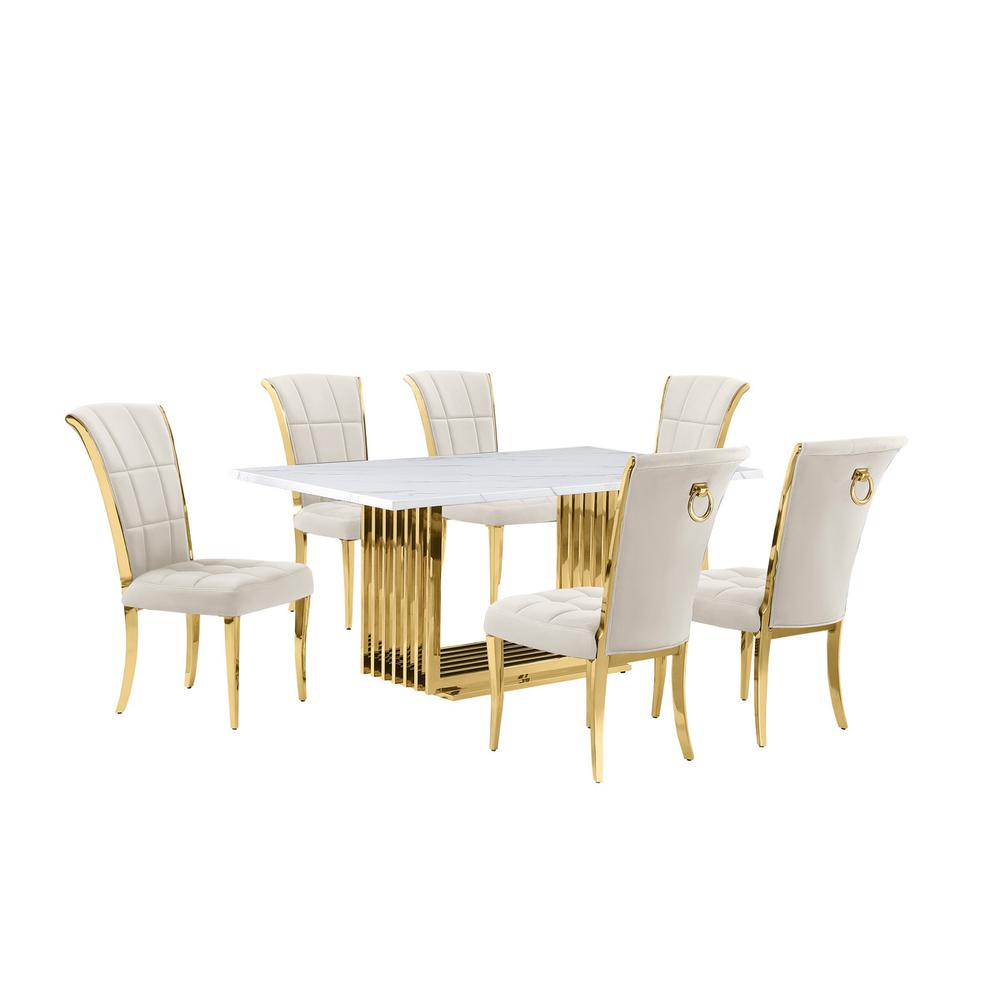 7pc Small(68") marble top dining set with gold base and 6 Cream side chairs