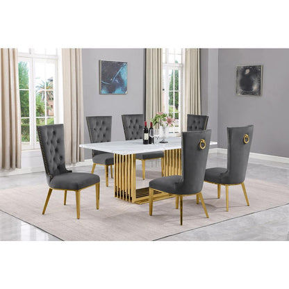 7pc Small(68") marble top dining set with gold base and 6 Dark grey side chairs