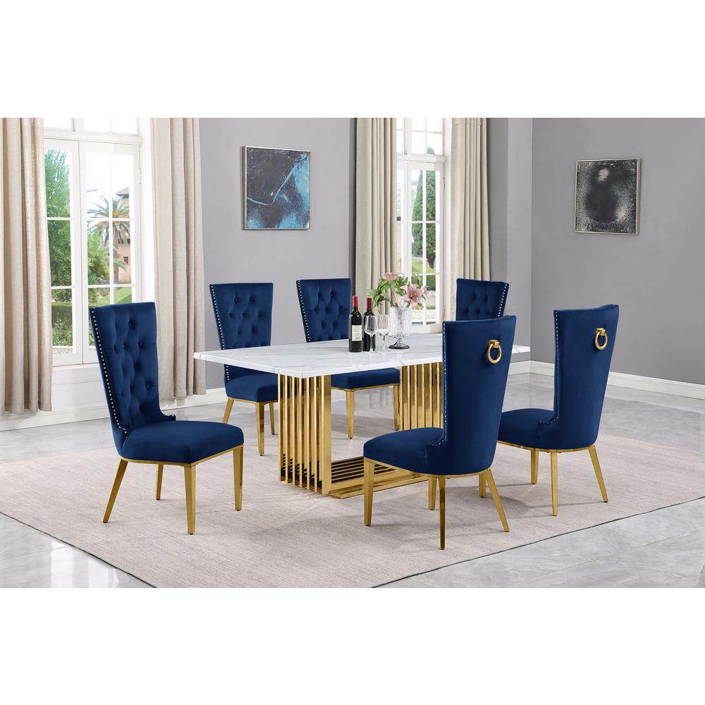 7pc Small(68") marble top dining set with gold base and 6 Navy Blue side chairs