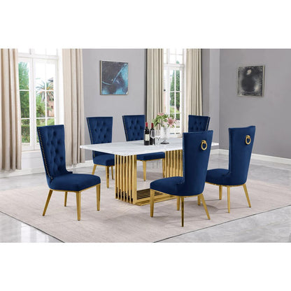 7pc Small(68") marble top dining set with gold base and 6 Navy Blue side chairs