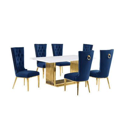 7pc Small(68") marble top dining set with gold base and 6 Navy Blue side chairs