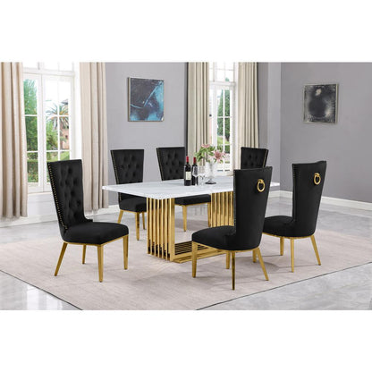 7pc Small(68") marble top dining set with gold base and 6 Black side chairs
