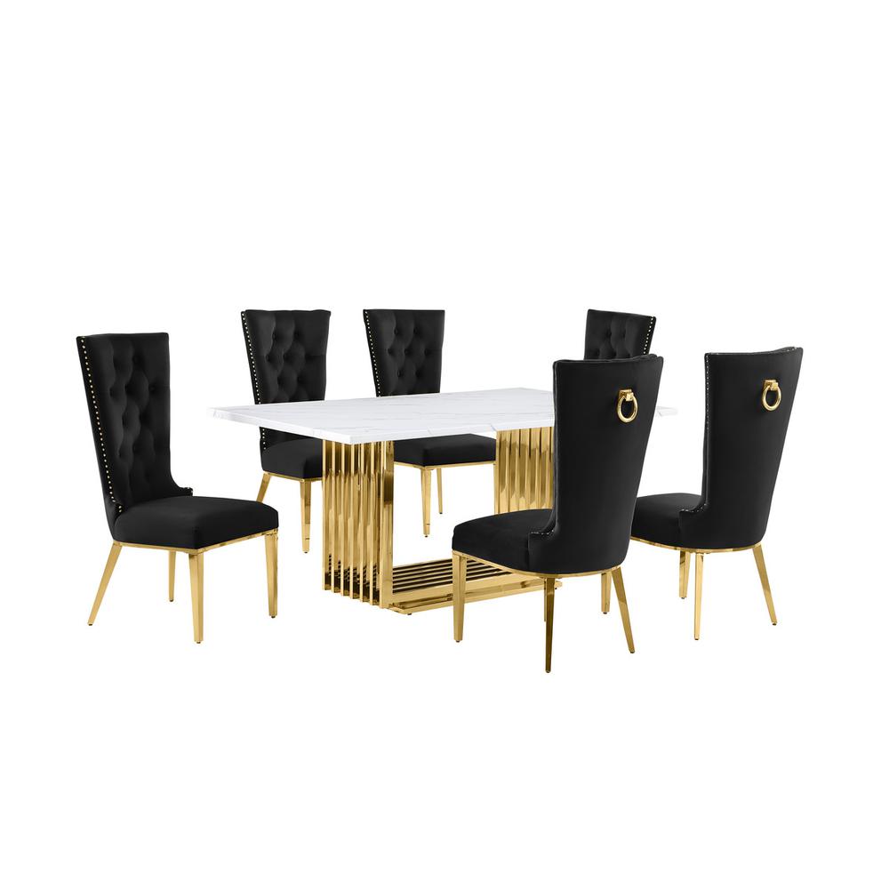 7pc Small(68") marble top dining set with gold base and 6 Black side chairs