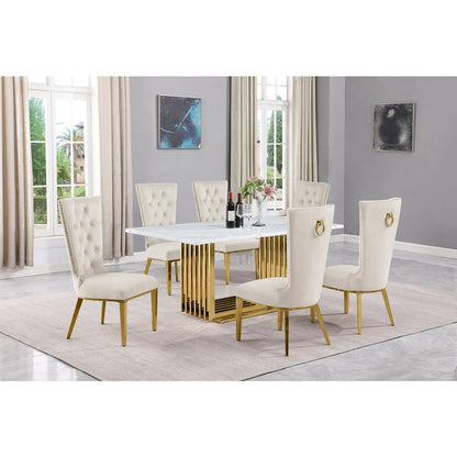 7pc Small(68") marble top dining set with gold base and 6 Cream side chairs