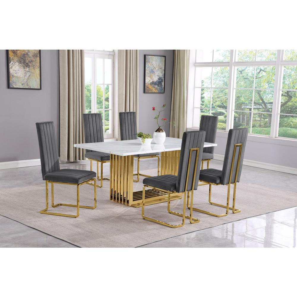 7pc Small(68") marble top dining set with gold base and 6 Dark grey side chairs