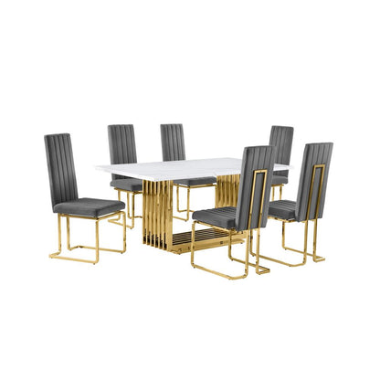 7pc Small(68") marble top dining set with gold base and 6 Dark grey side chairs