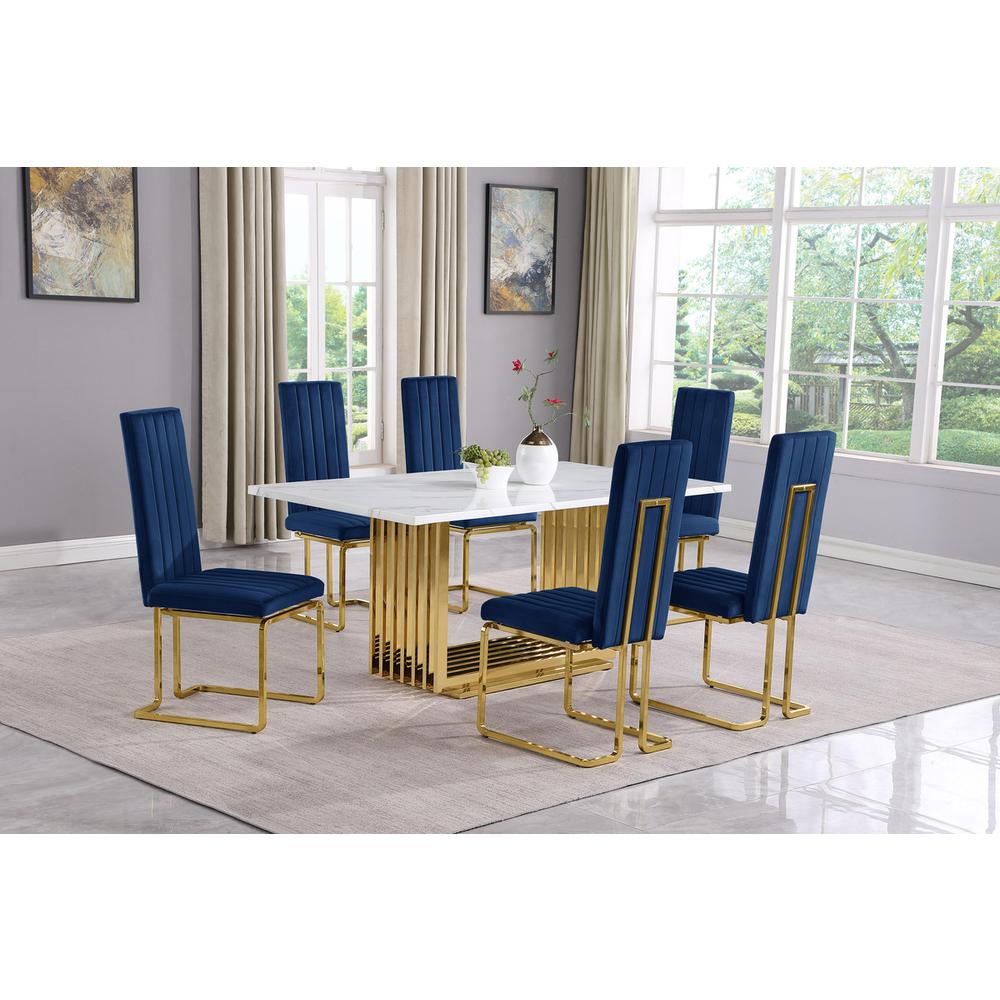 7pc Small(68") marble top dining set with gold base and 6 Navy Blue side chairs