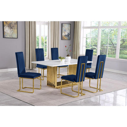 7pc Small(68") marble top dining set with gold base and 6 Navy Blue side chairs
