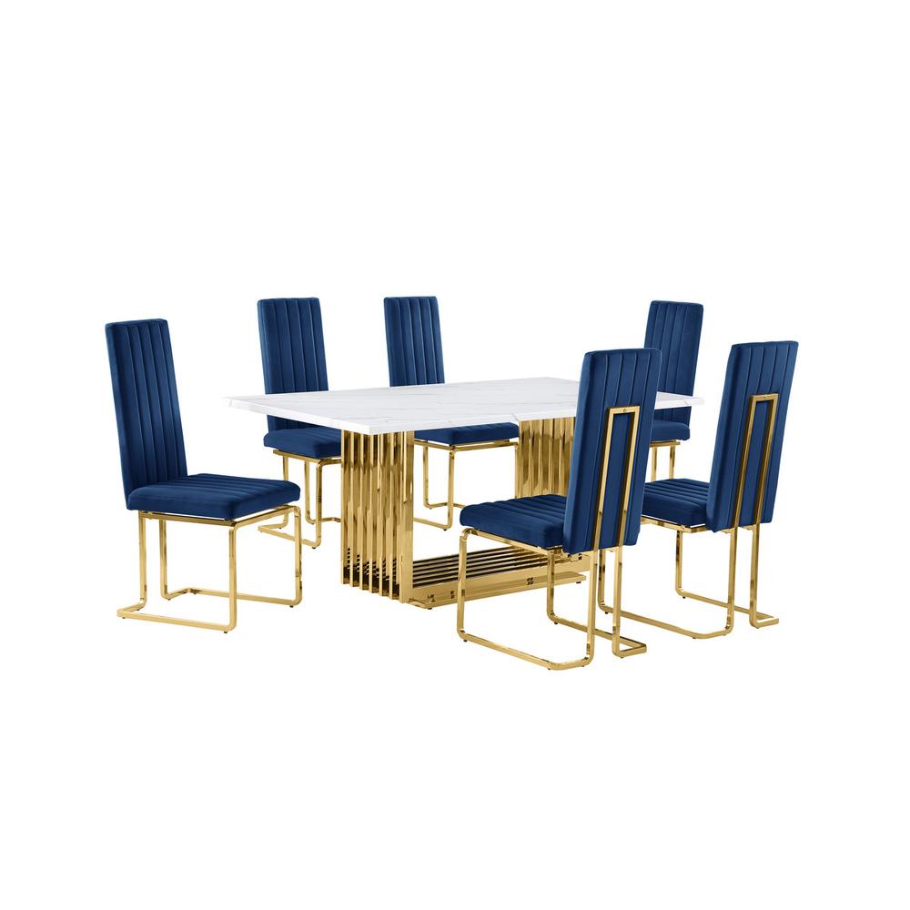 7pc Small(68") marble top dining set with gold base and 6 Navy Blue side chairs