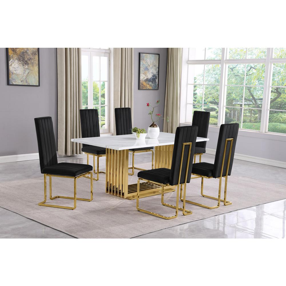 7pc Small(68") marble top dining set with gold base and 6 Black side chairs