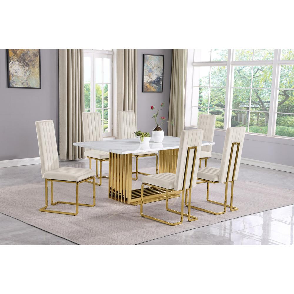 7pc Small(68") marble top dining set with gold base and 6 Cream side chairs