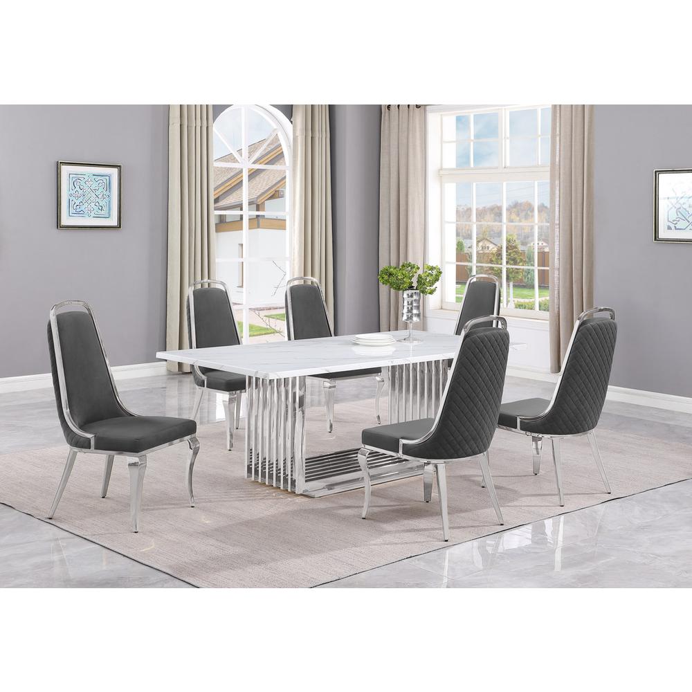 7pc Large(79") marble top dining set with silver base and 6 Dark grey chairs