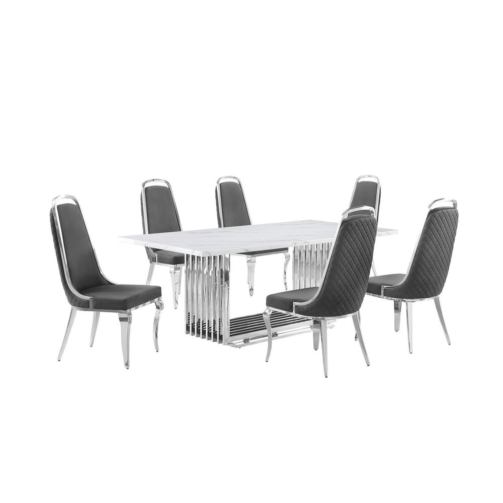 7pc Large(79") marble top dining set with silver base and 6 Dark grey chairs