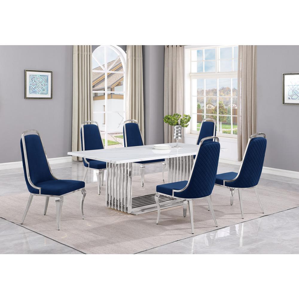 7pc Large(79") marble top dining set with silver base and 6 Navy blue chairs