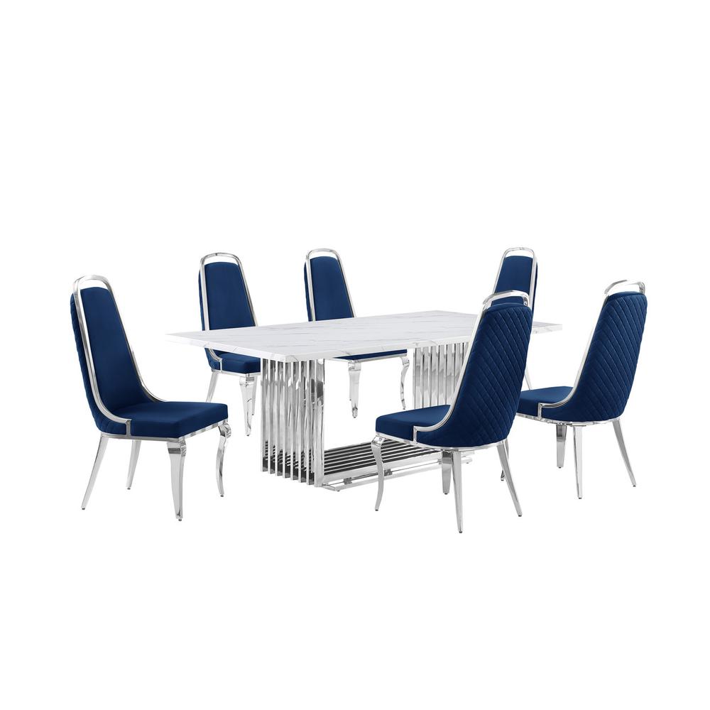 7pc Large(79") marble top dining set with silver base and 6 Navy blue chairs