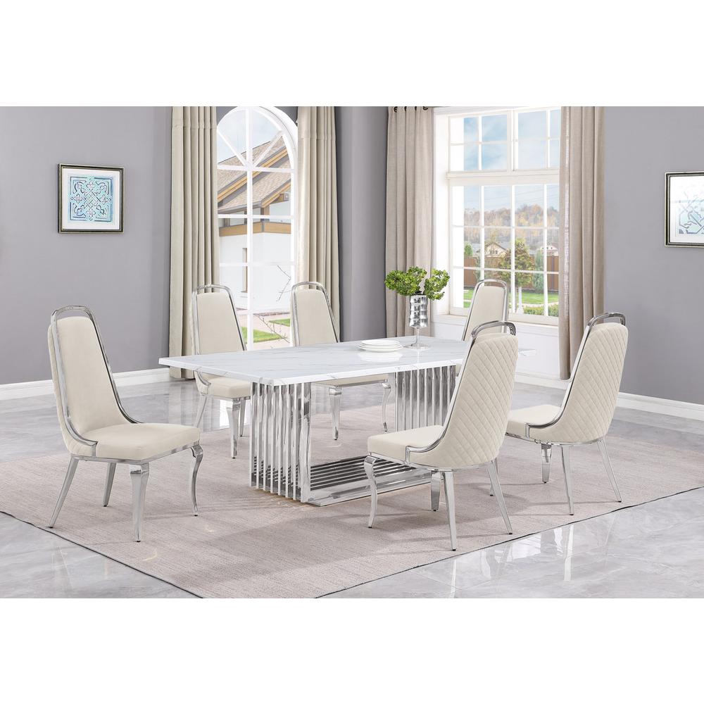 7pc Large(79") marble top dining set with silver base and 6 Cream side chairs