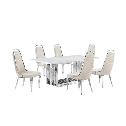7pc Large(79") marble top dining set with silver base and 6 Cream side chairs