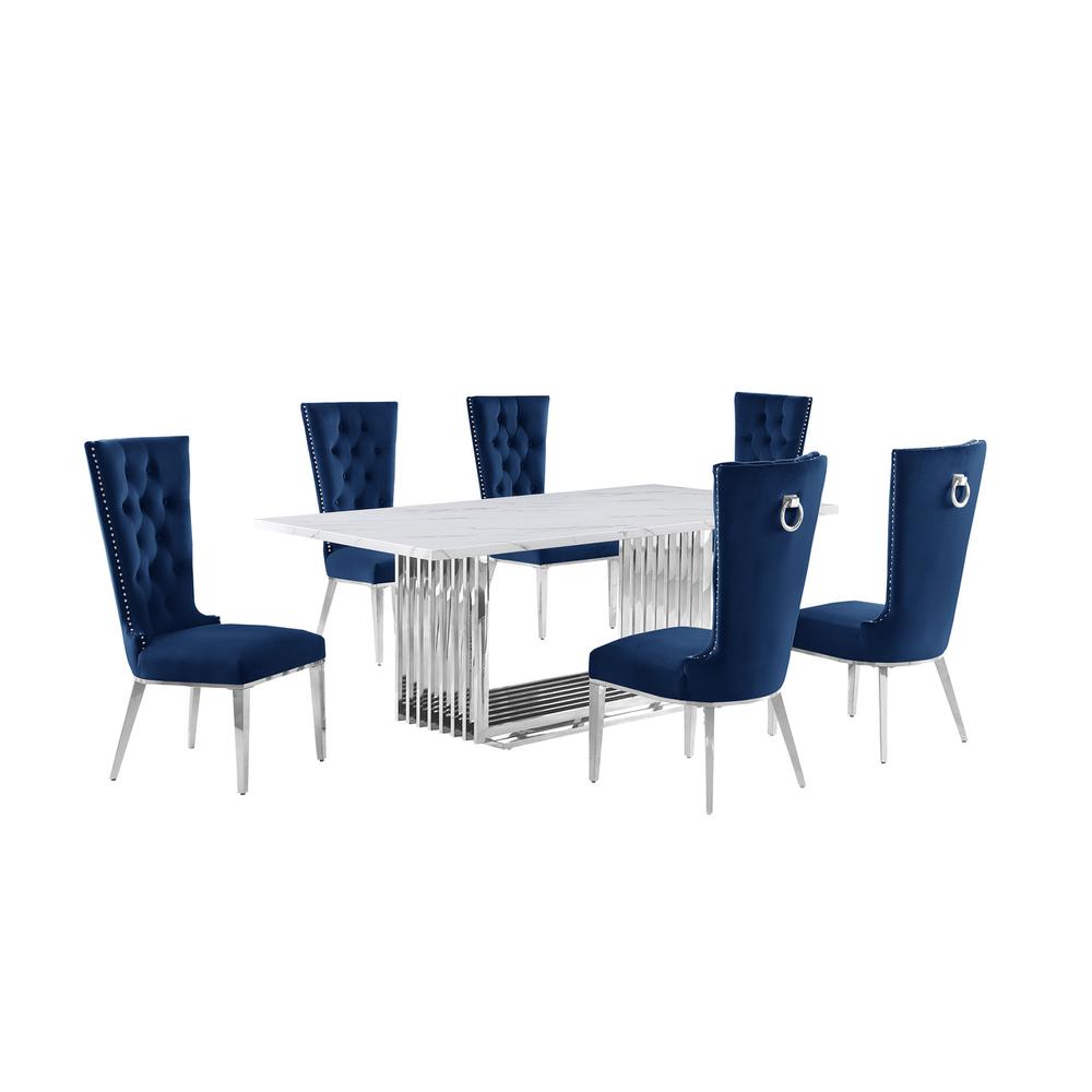 7pc Large(79") marble top dining set with silver base and 6 Navy blue chairs