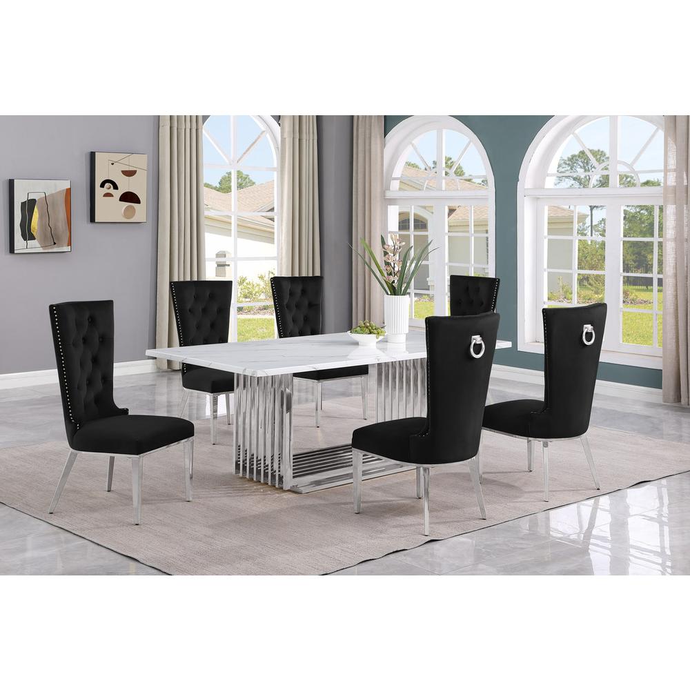 7pc Large(79") marble top dining set with silver base and 6 Black side chairs