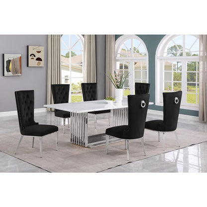 7pc Large(79") marble top dining set with silver base and 6 Black side chairs