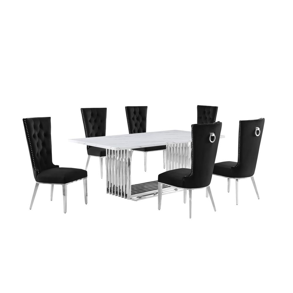 7pc Large(79") marble top dining set with silver base and 6 Black side chairs