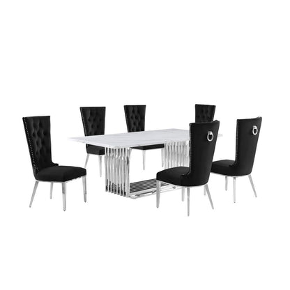 7pc Large(79") marble top dining set with silver base and 6 Black side chairs